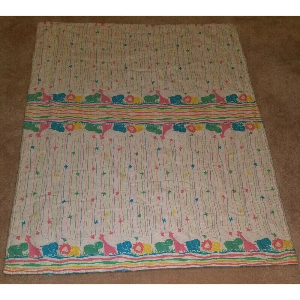 VTG Pastel Animals Handmade Baby Blanket Hippo Giraffe Elephant Lion Blue Green